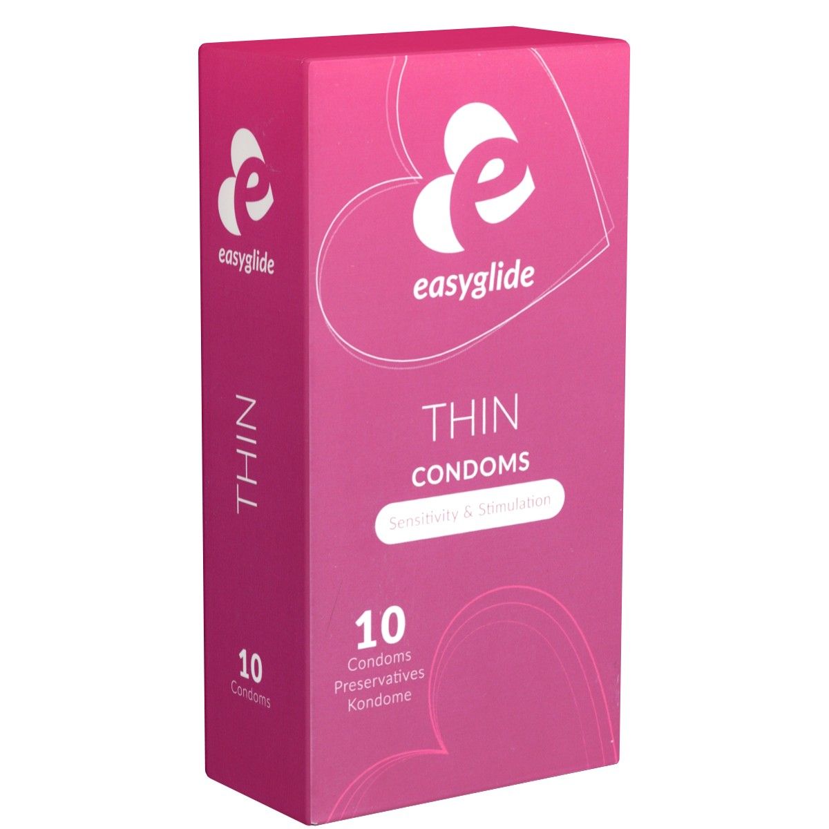 Roze doos met "easyglide" logo en tekst. Bevat 10 condooms. Opschrift: "THIN CONDOMS".