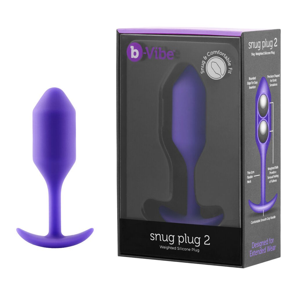 Plug anal violet à côté d'un emballage. Emballage avec image du produit et nom 'snug plug 2'.