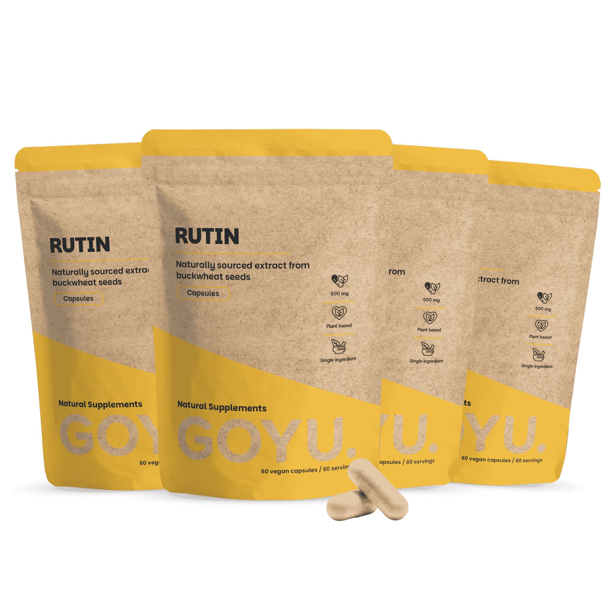 Drie zakjes met rutinecapsules, natuurlijk gewonnen uit boekweitzaad.