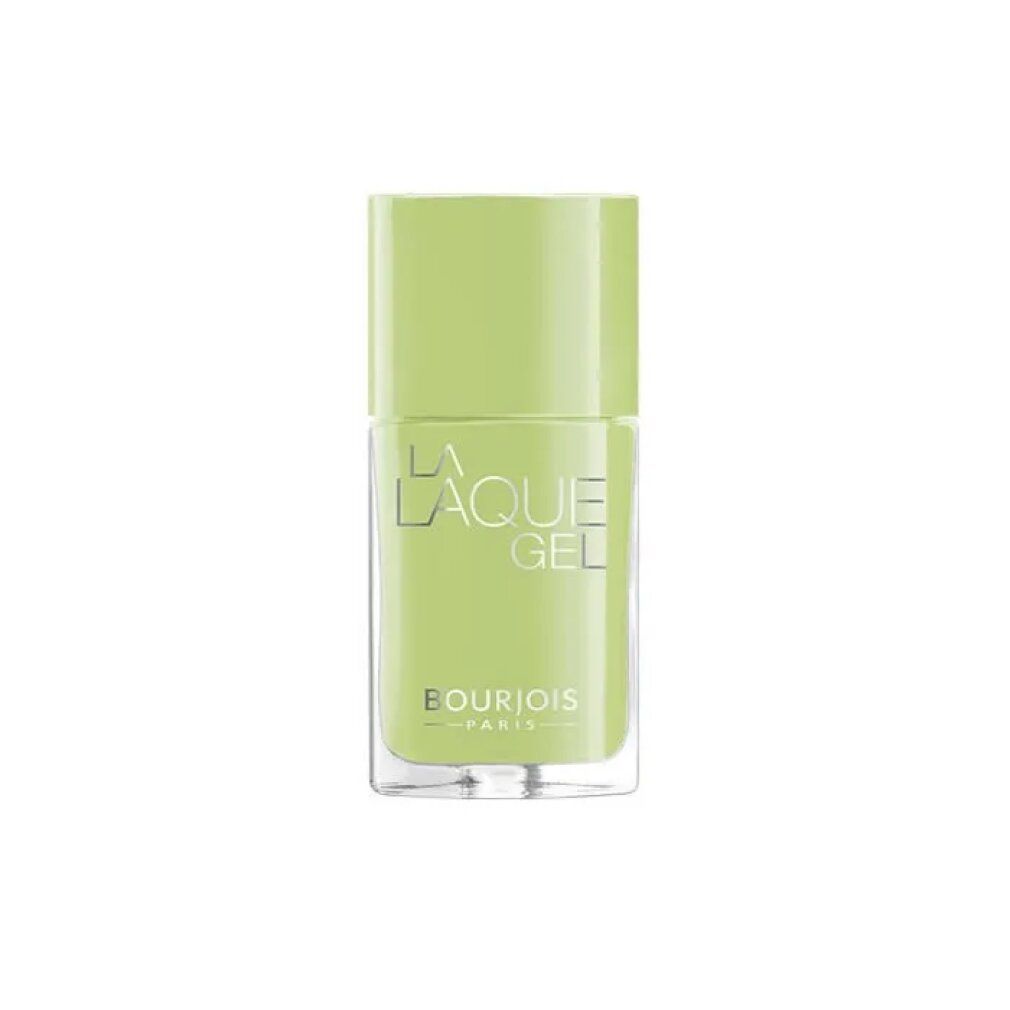 Vernis à ongles vert clair en flacon carré. Inscription : La Laque Gel. Marque Bourjois Paris. Bouchon de même couleur.