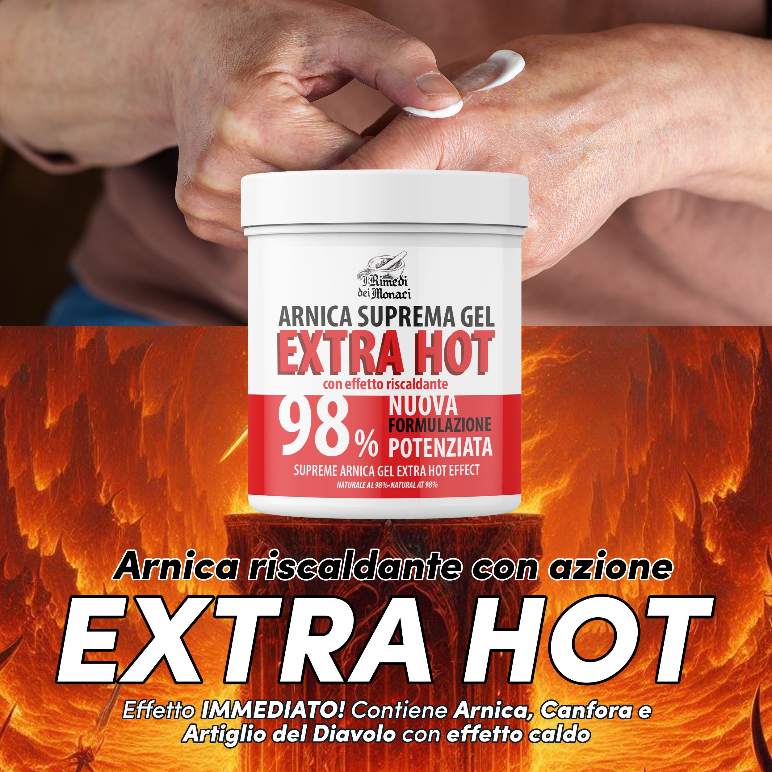 Witte pot met rode tekst. Tekst: Arnica Suprema Gel Extra Hot 98%. Opschrift: Nuova Formulazione Potenziata.