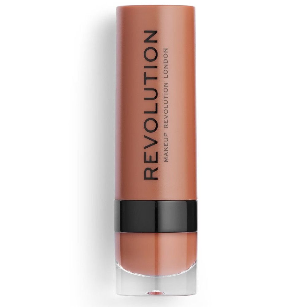 Rouge à lèvres Makeup Revolution dans un boîtier pêche avec un anneau noir et une base transparente.
