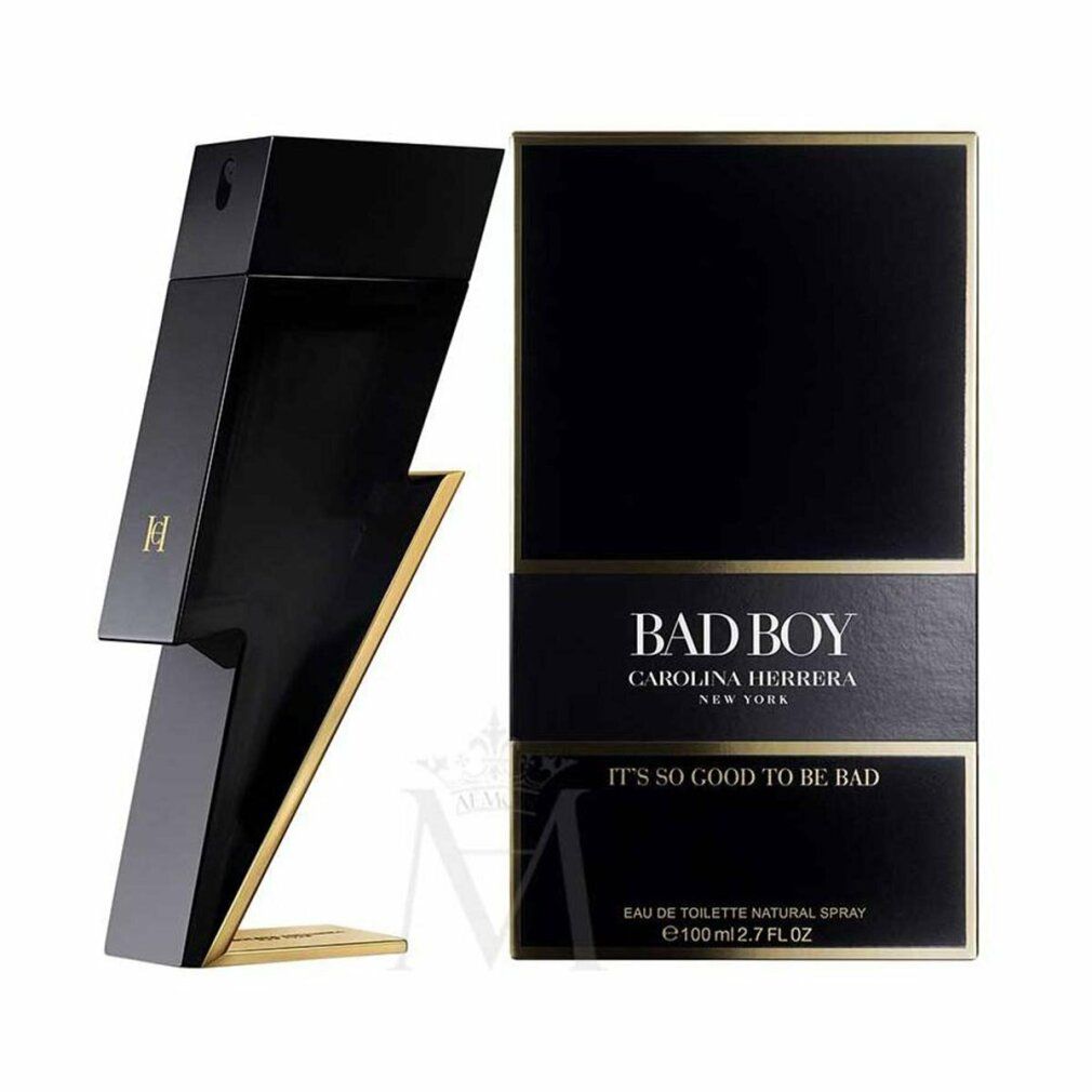 Flacon noir en forme d'éclair avec détails dorés et emballage. Inscription : BAD BOY CAROLINA HERRERA.