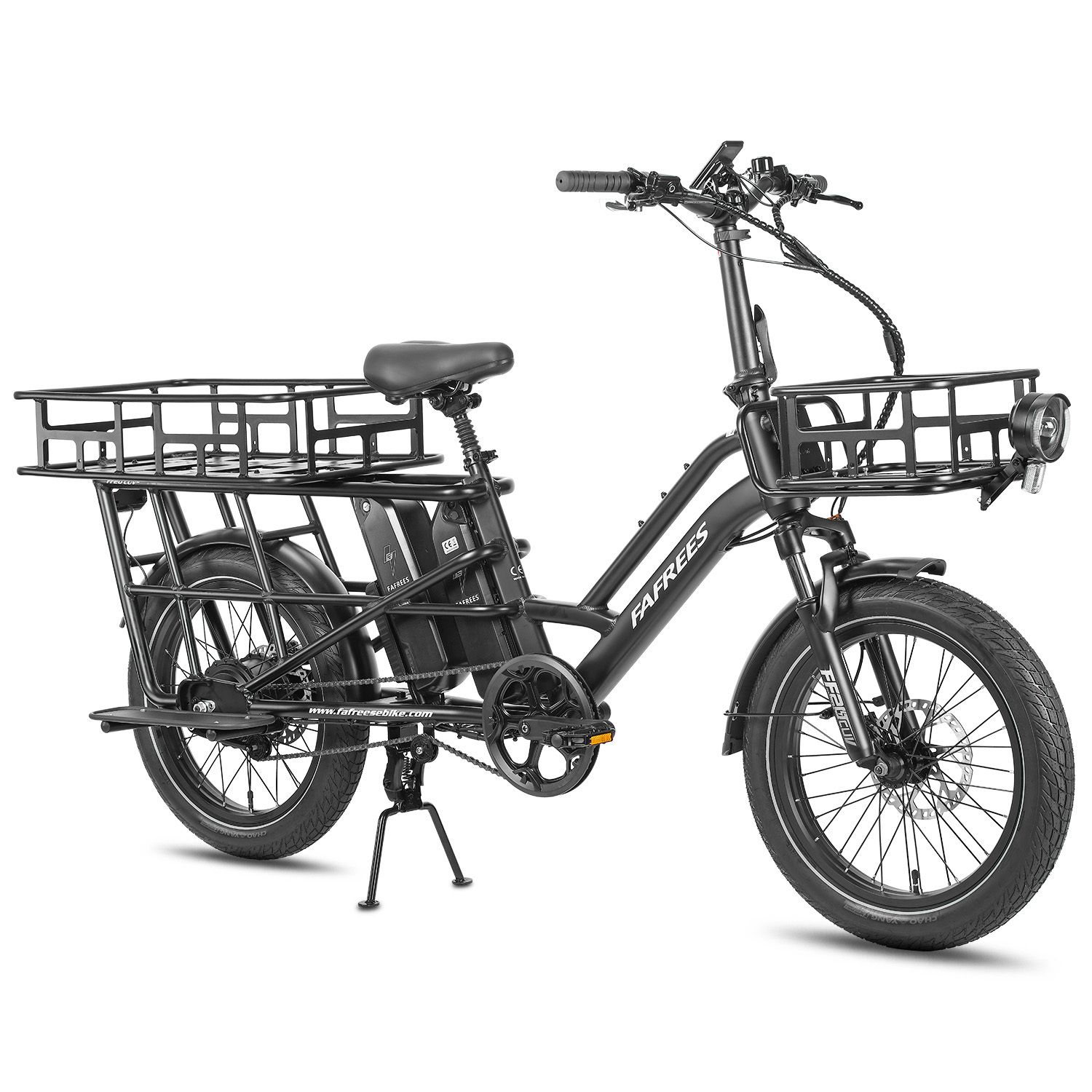 Vélo cargo électrique noir avec porte-bagages avant et arrière, double batterie. Marque Fafrees.