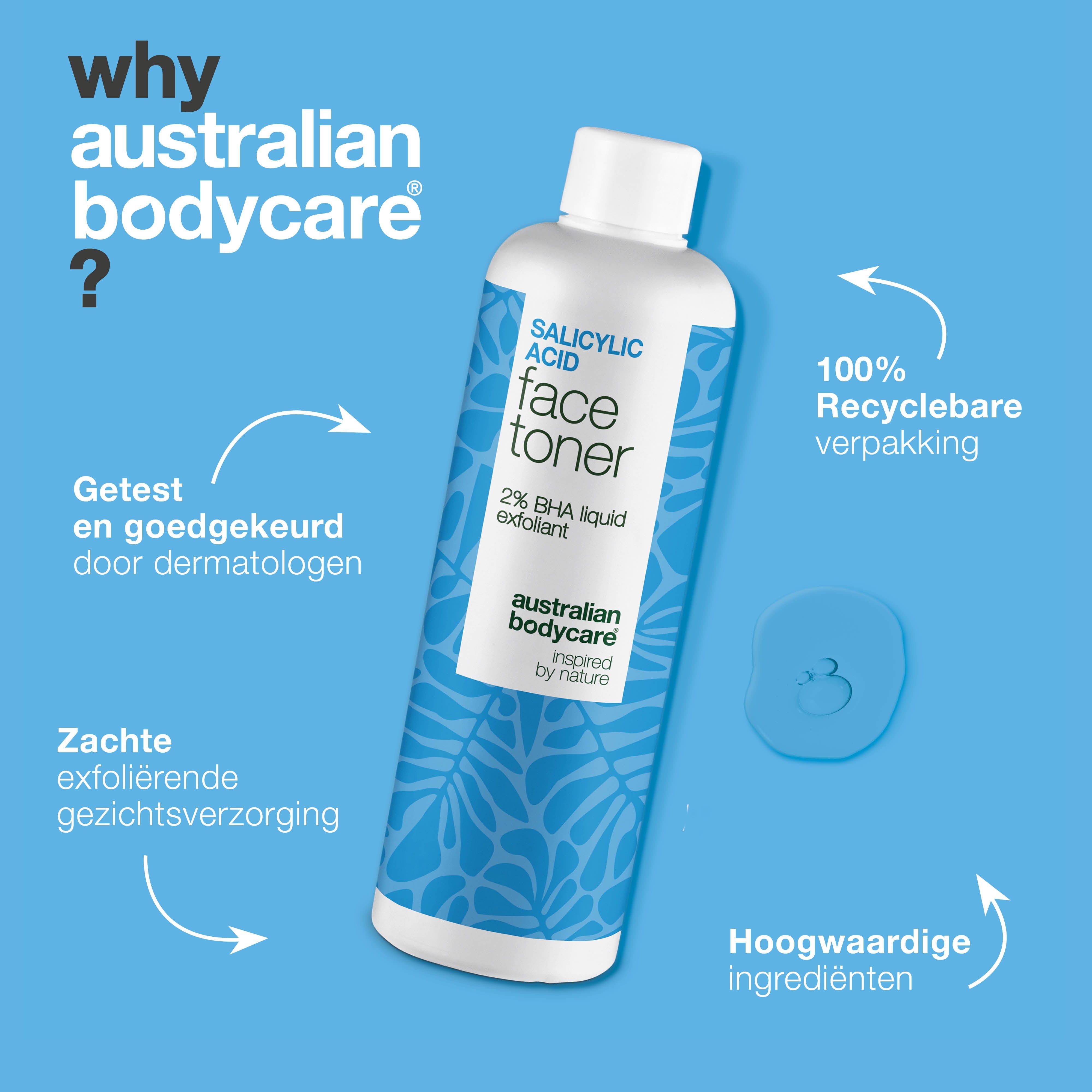 Fles met opschrift: Salicylic Acid Face Toner. Tekst: Getest, zachte gezichtsverzorging, etc. Achtergrond: lichtblauw.