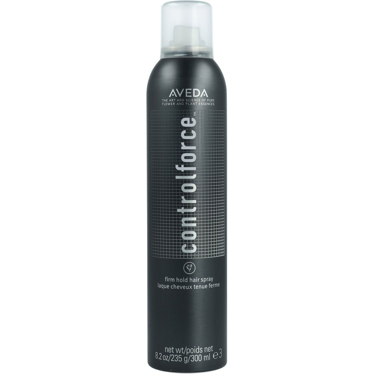 Aveda Control Force spray fixant, flacon noir avec capuchon blanc. Texte : 'controlforce', 'firm hold hair spray'.