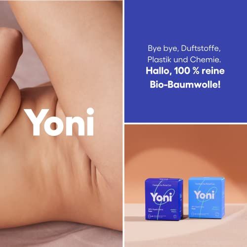 Gros plan d'un corps avec logo Yoni et texte : 100% coton bio pur. Deux boîtes de produits Yoni.