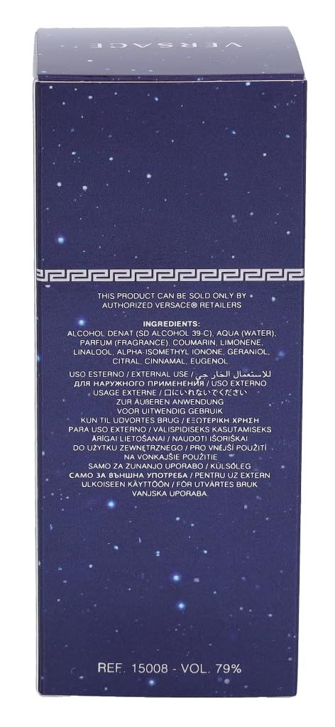 Achterkant van de verpakking. Op een donkerblauwe achtergrond staan ingrediënten en informatie. Ref. 15008 - Vol. 79%.