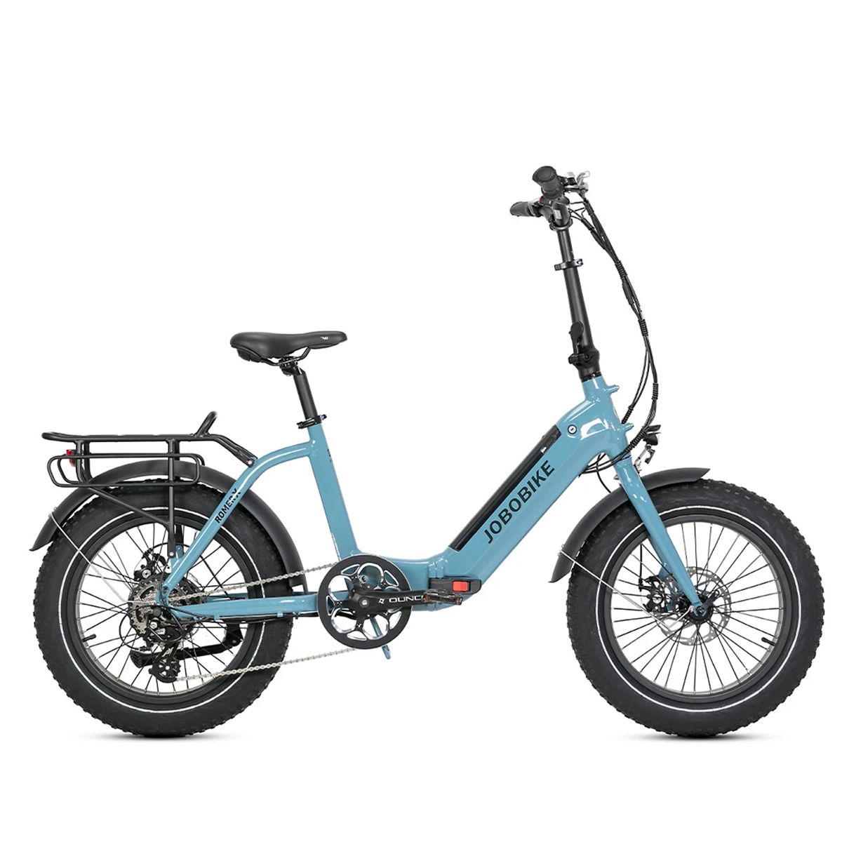 Vélo électrique JOBOBIKE Romer X bleu plié. Pneus noirs, porte-bagages, selle. Logo JOBOBIKE sur le cadre.