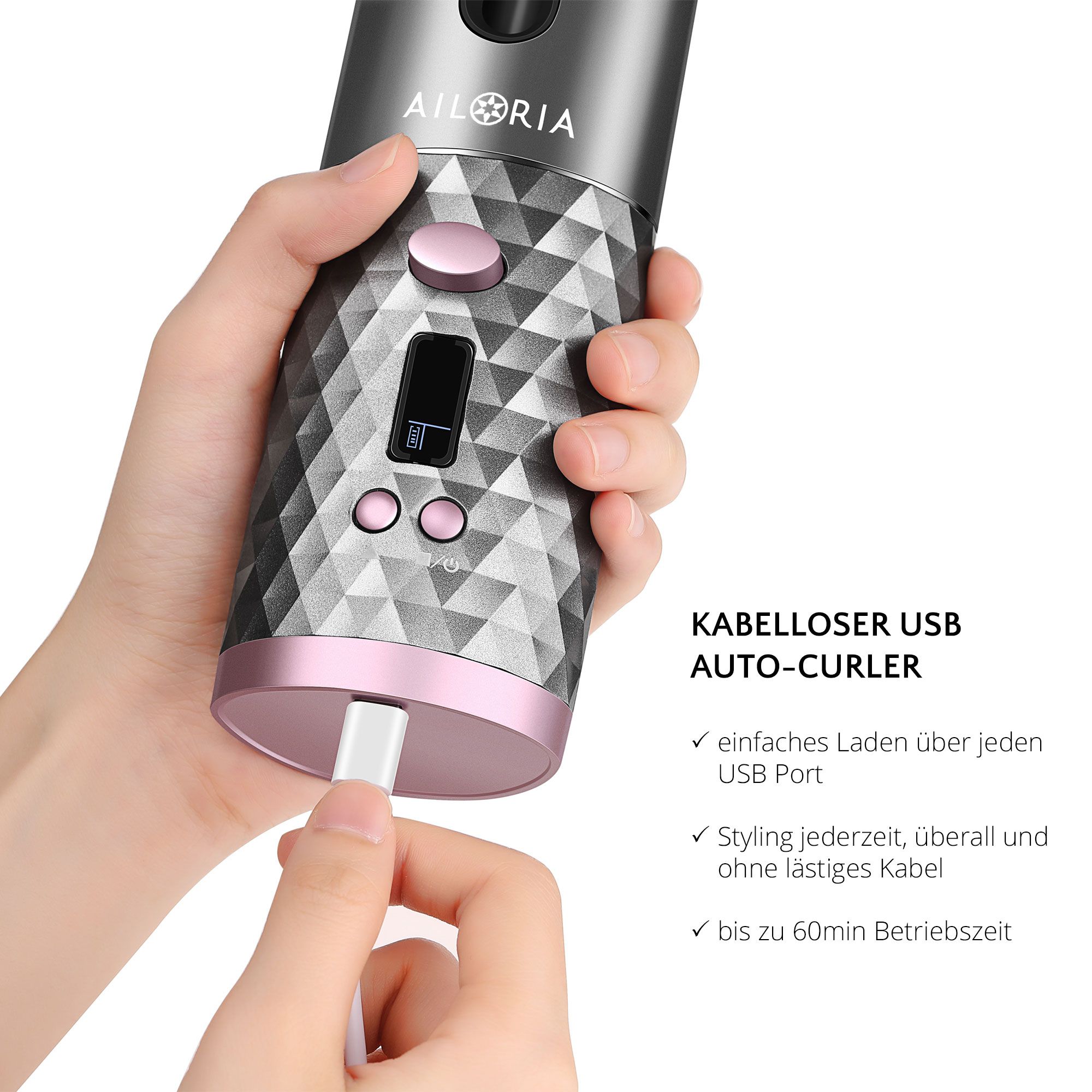Fer à boucler avec port USB. Main insérant un câble. Texte: Auto-boucleur sans fil, chargement facile, jusqu'à 60 min.