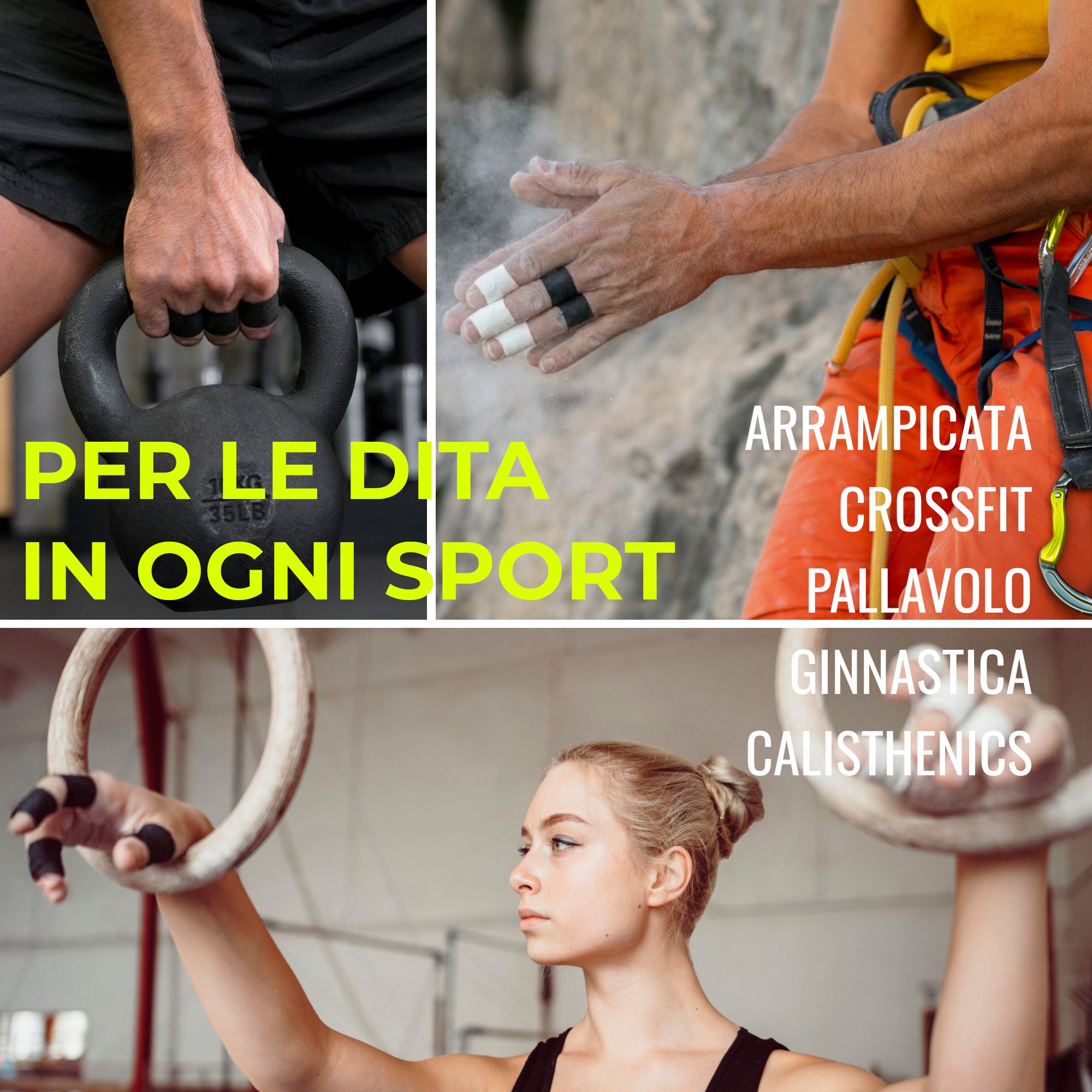 Collage : mains avec kettlebell, grimpeur avec ruban, gymnaste. Texte : Pour les doigts dans tous les sports.