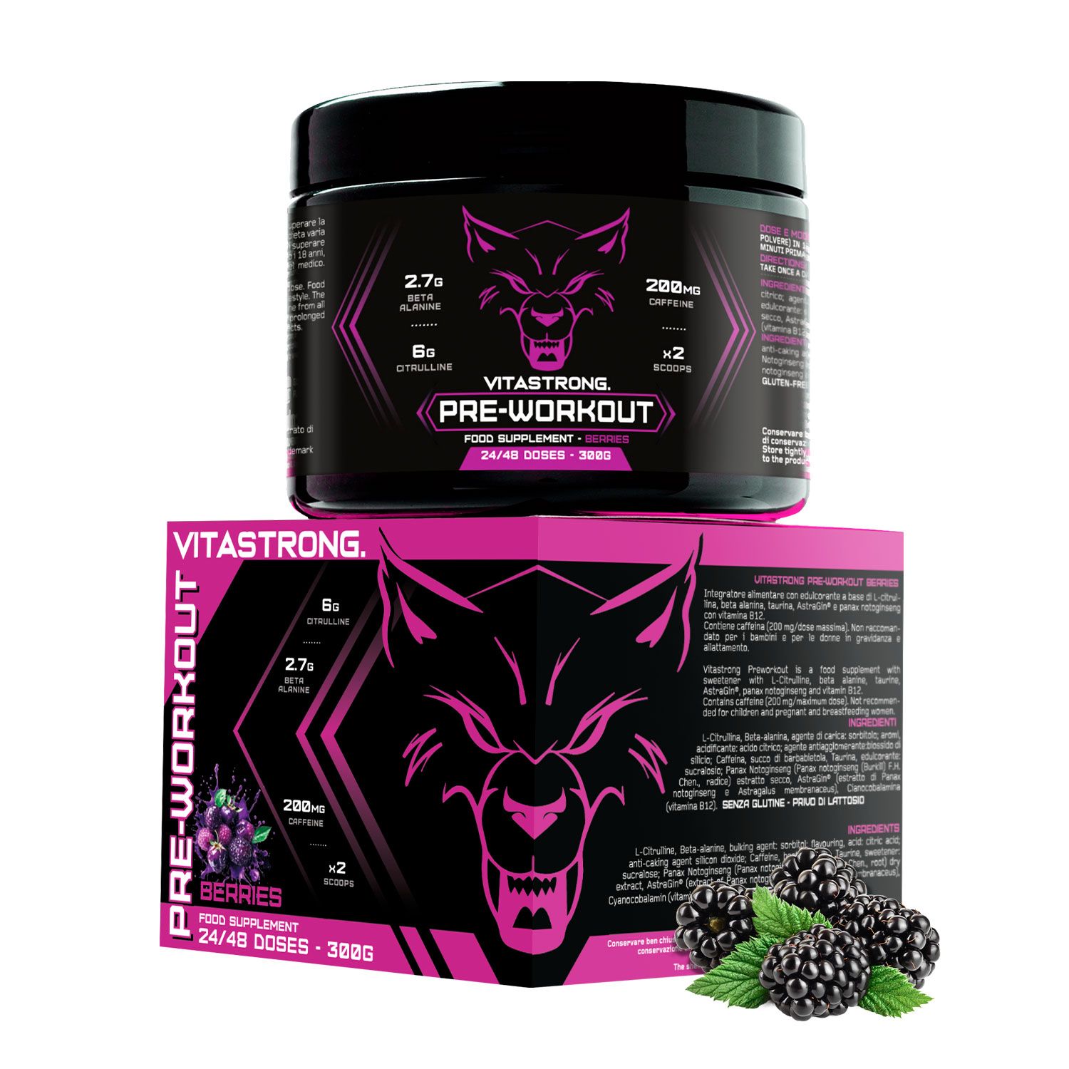Pot Vitastrong Pre-Workout, Beeren, 300g. Wolf logo en roze tekst. Zwarte deksel.