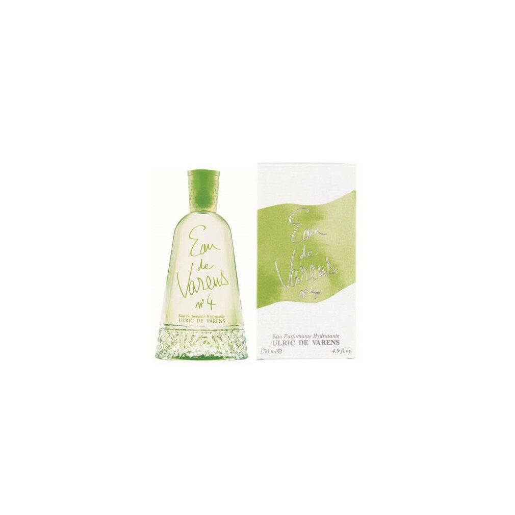 Flacon et emballage Eau de Varens N°4. Flacon avec bouchon vert, lettrage. Emballage avec bande verte et lettrage.