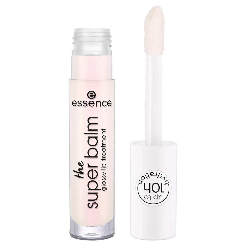 Lipverzorging met applicator. Opschrift: "essence the super balm glossy lip treatment". Dop met "up to 10h hydration".