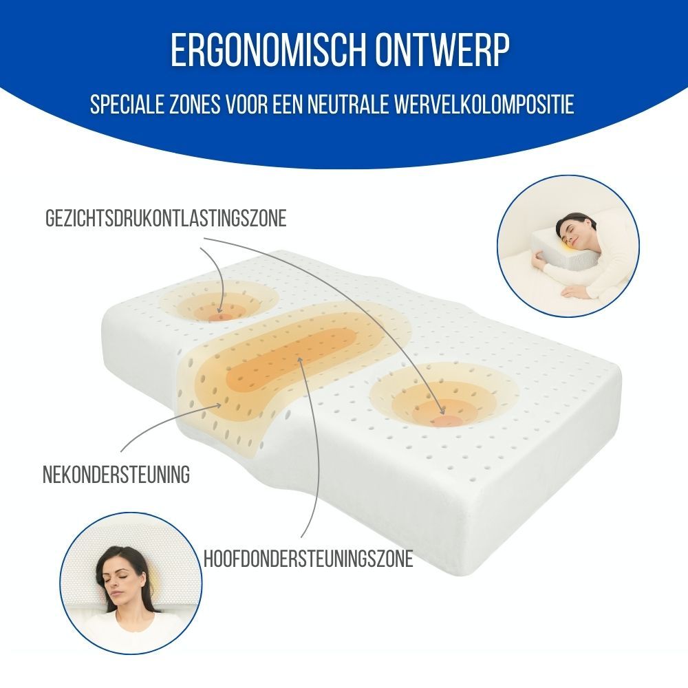 Ergonomisch kussen met diagram. Gezichtsomtrek, neksteun, hoofdsteun. Vrouw raakt haar gezicht aan.