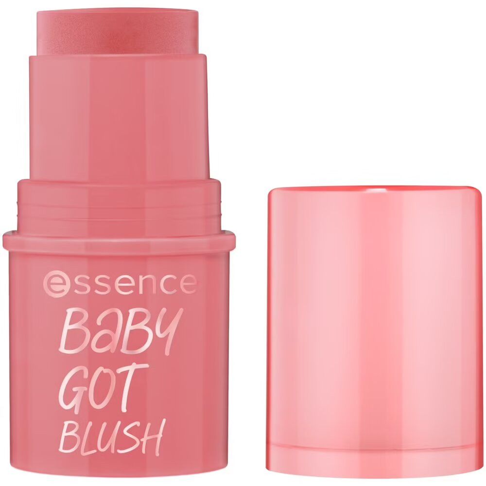 Roze blush stick met afgenomen dop. Op de stick staat "essence BABY GOT BLUSH".