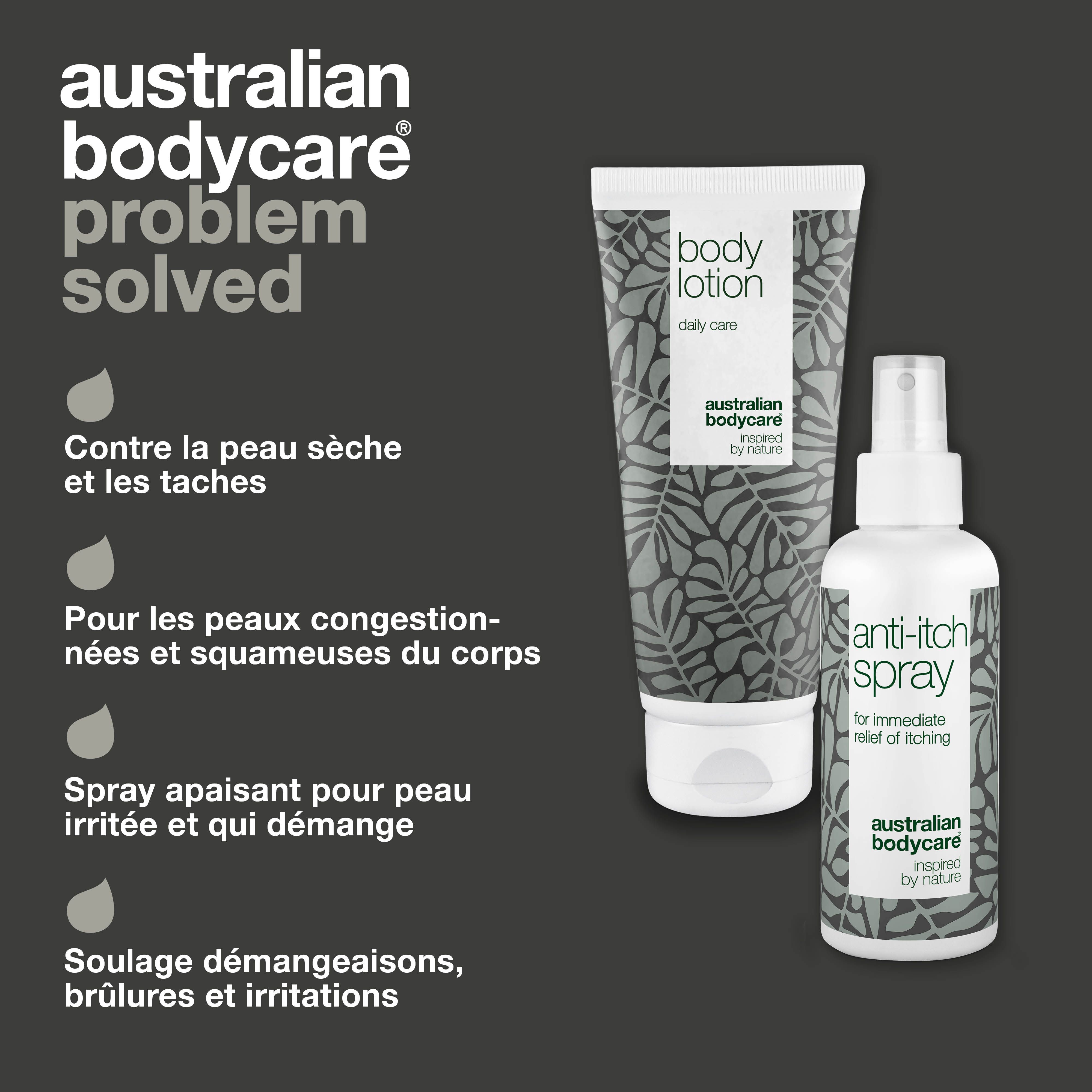 Deux produits : lotion corporelle et spray anti-démangeaisons. À gauche, « Problème » et à droite, « Solution ».