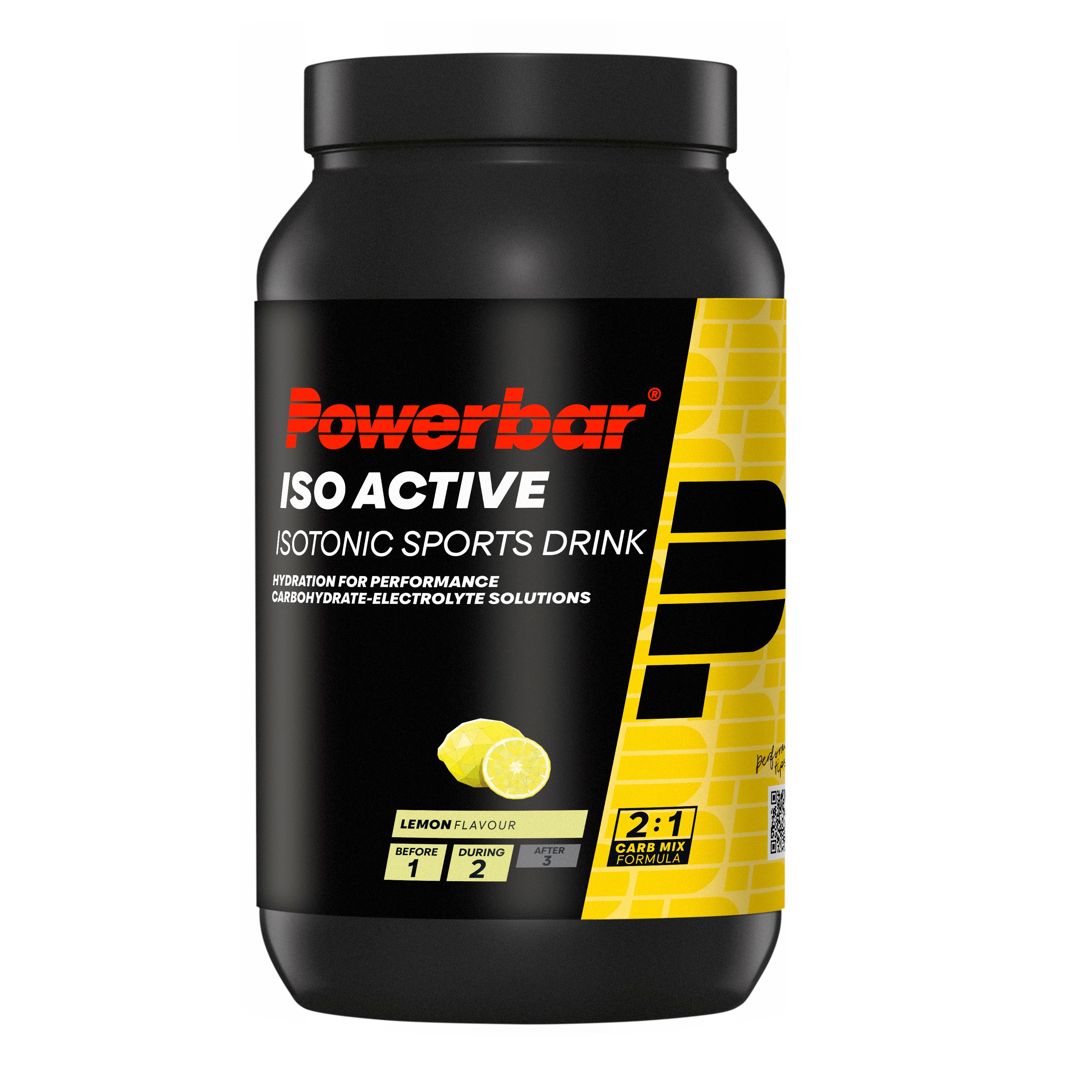 Boisson isotonique PowerBar Isoactive, étiquette jaune avec tranches de citron.