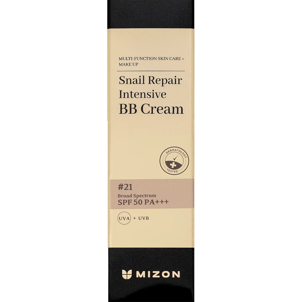 Emballage de MIZON Snail Repair Intensive BB Cream. Texte : #21, SPF 50 PA+++, testé dermatologiquement.
