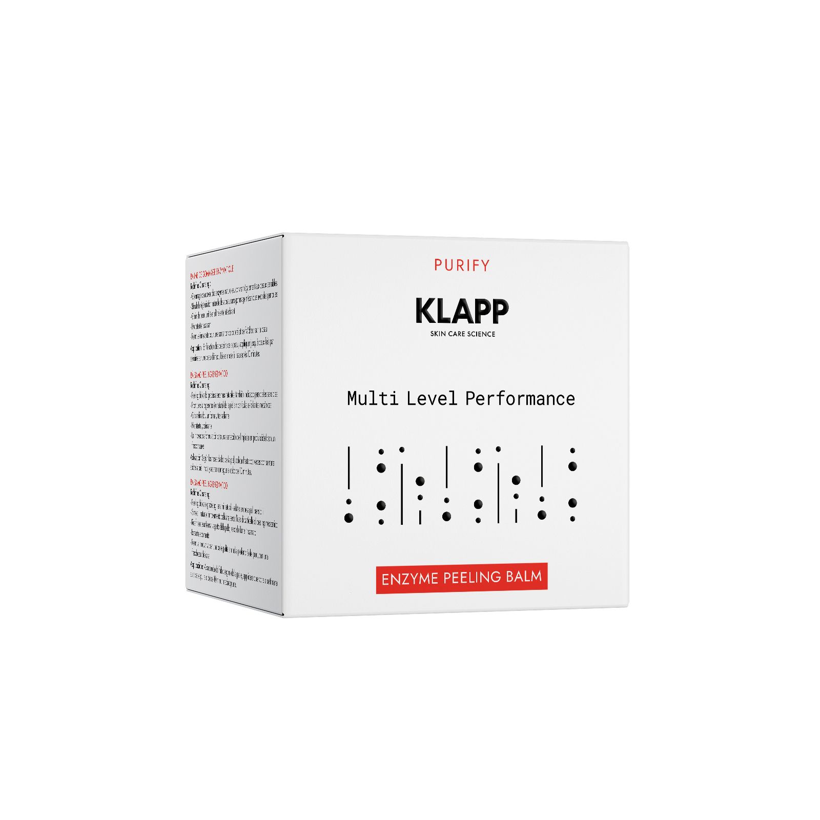 Emballage KLAPP Multi Level Performance Enzyme Peeling Balm, blanc avec texte.