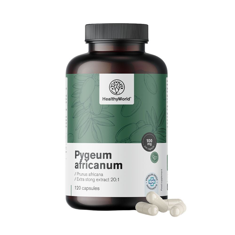 Bruine fles met capsules. Opschrift: Pygeum africanum, 120 capsules. Merk: HealthyWorld. Witte capsules ernaast.