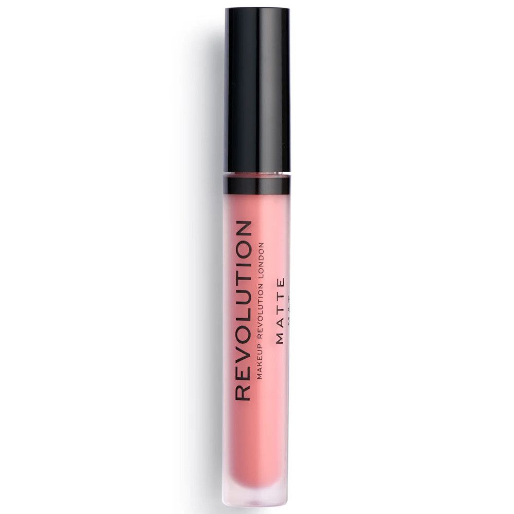 Tube de gloss avec bouchon noir. Teinte rose. Inscription: REVOLUTION MAKEUP LONDON MATTE.