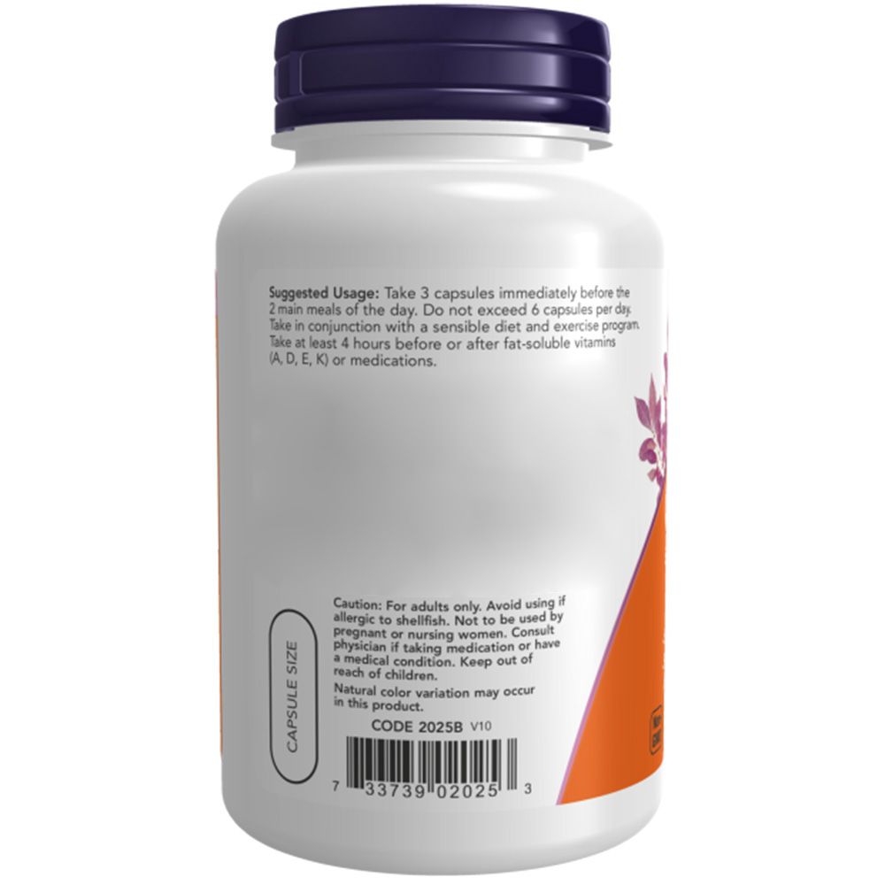 Dos d'un flacon blanc, bouchon violet. Étiquette avec instructions d'utilisation et avertissements. Code 20258. Taille de la capsule.