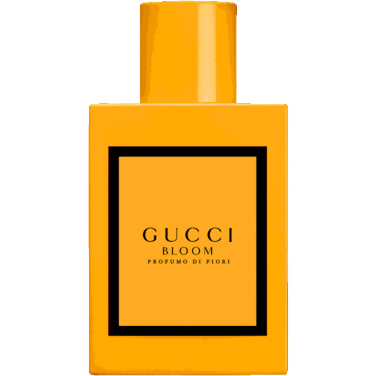Gele fles met zwart etiket. Opschrift: Gucci Bloom Profumo di Fiori. Gele dop.