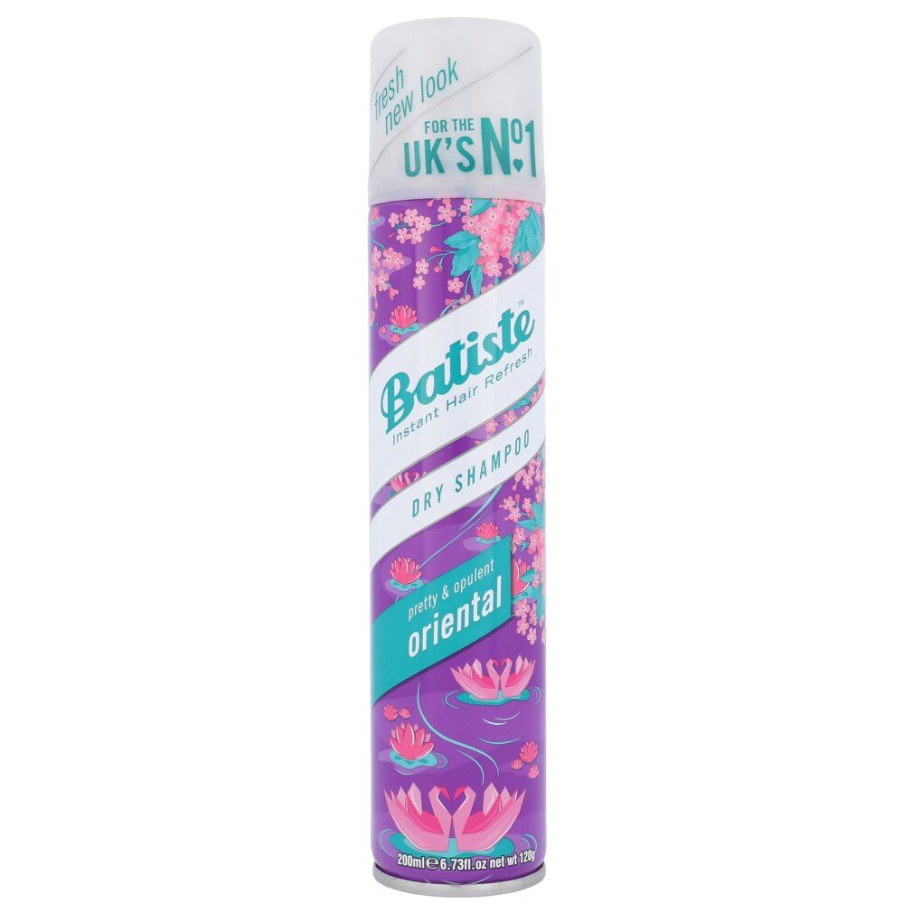 Droogshampoo spray. Paarse basis met bloemenpatroon. Tekst: Batiste Dry Shampoo Oriental, UK's No.1.