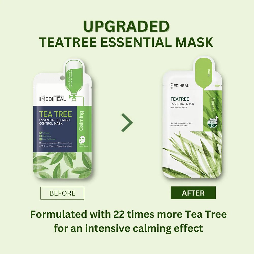 Comparaison d'emballages: Avant et Après. Inscription: Tea Tree Essential Mask. Bande verte avec texte. Texte sur les ingrédients.