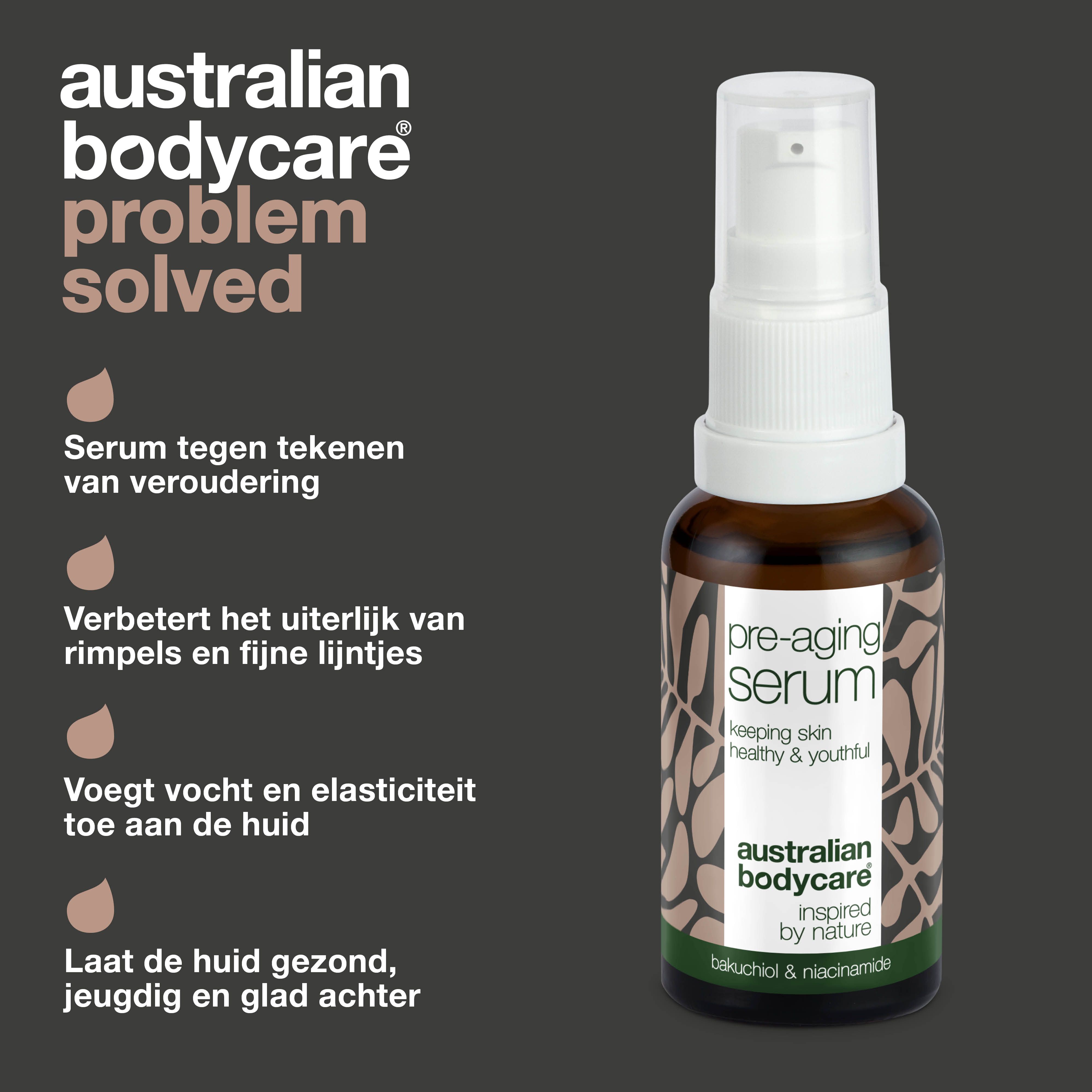Flesje serum. Tekst: serum tegen tekenen van veroudering, verbetert rimpels, hydrateert.