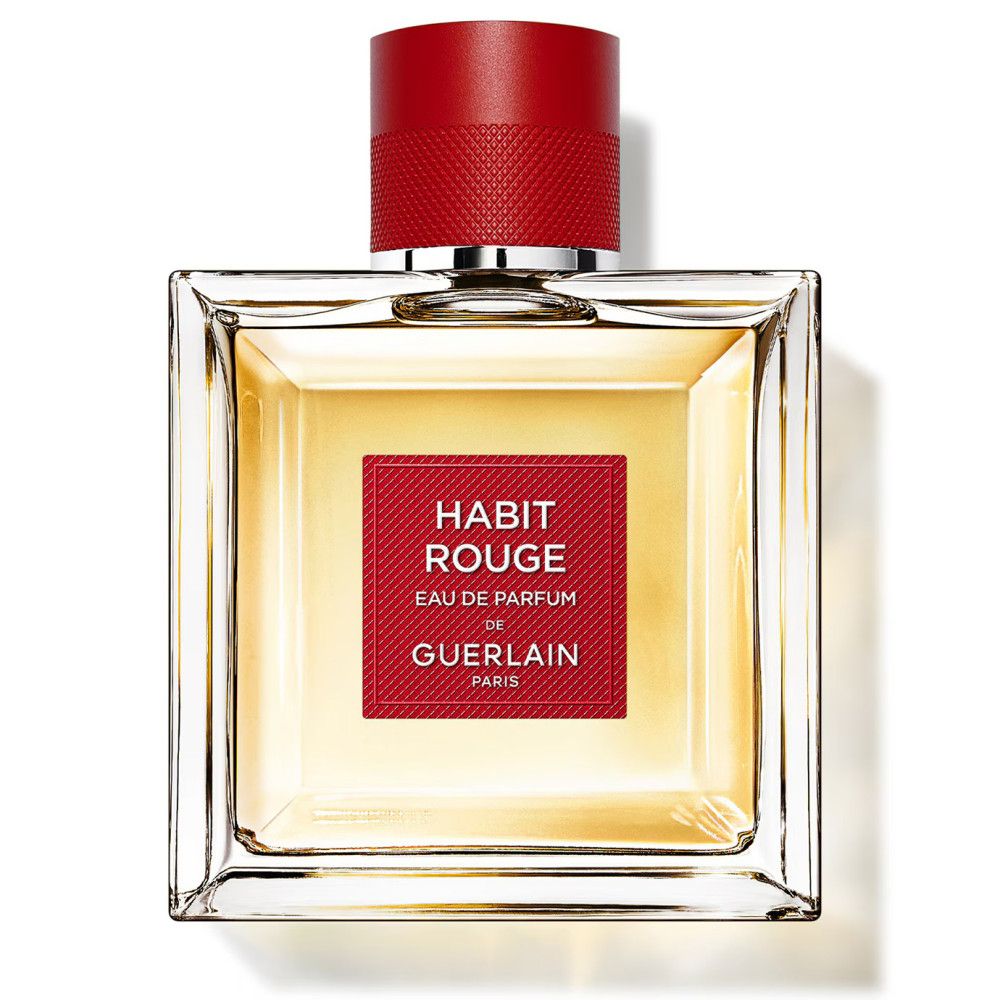 Vierkante glazen flacon met rode dop. Rood etiket met tekst: Habit Rouge, Eau de Parfum de Guerlain Paris.