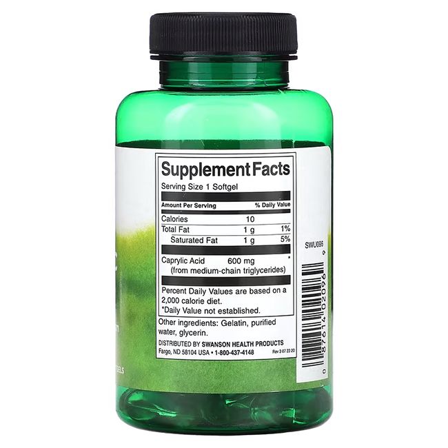 Dos du flacon vert. Inscription: Supplement Facts, Caprylic Acid 600 mg, ingrédients, Swanson Health Products.
