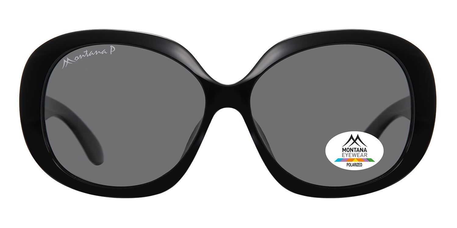 Lunettes de soleil noires avec verres gris. Logo Montana Eyewear sur la lentille et la branche. Monture ovale. Verres polarisés.
