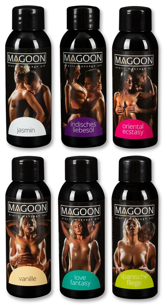 Zes flessen erotische massageolie van Magoon met verschillende geurvarianten.