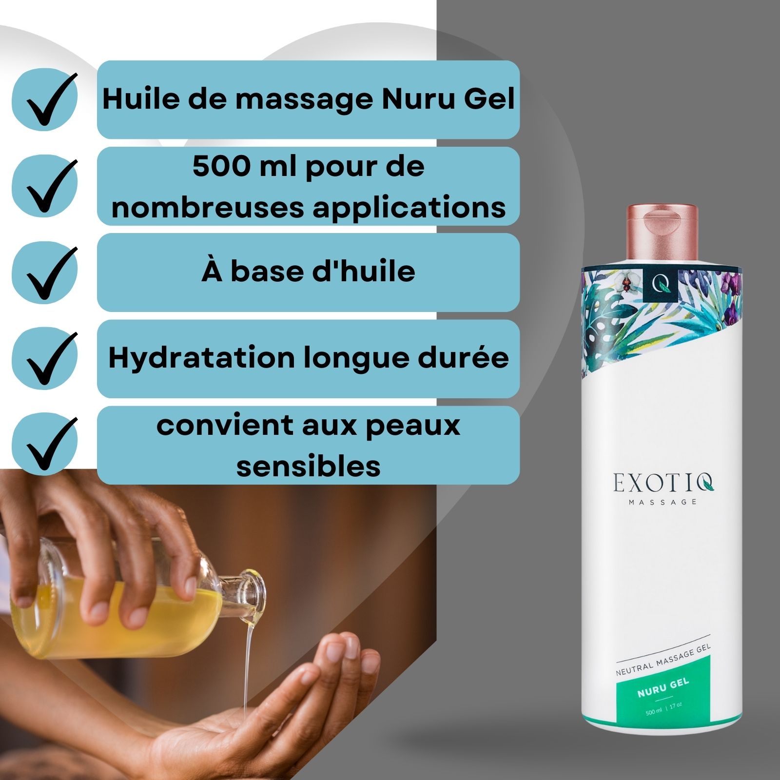 Gel versé. Flacon blanc. Inscription: EXOTIQ MASSAGE. Bouchon rose. Motif floral.