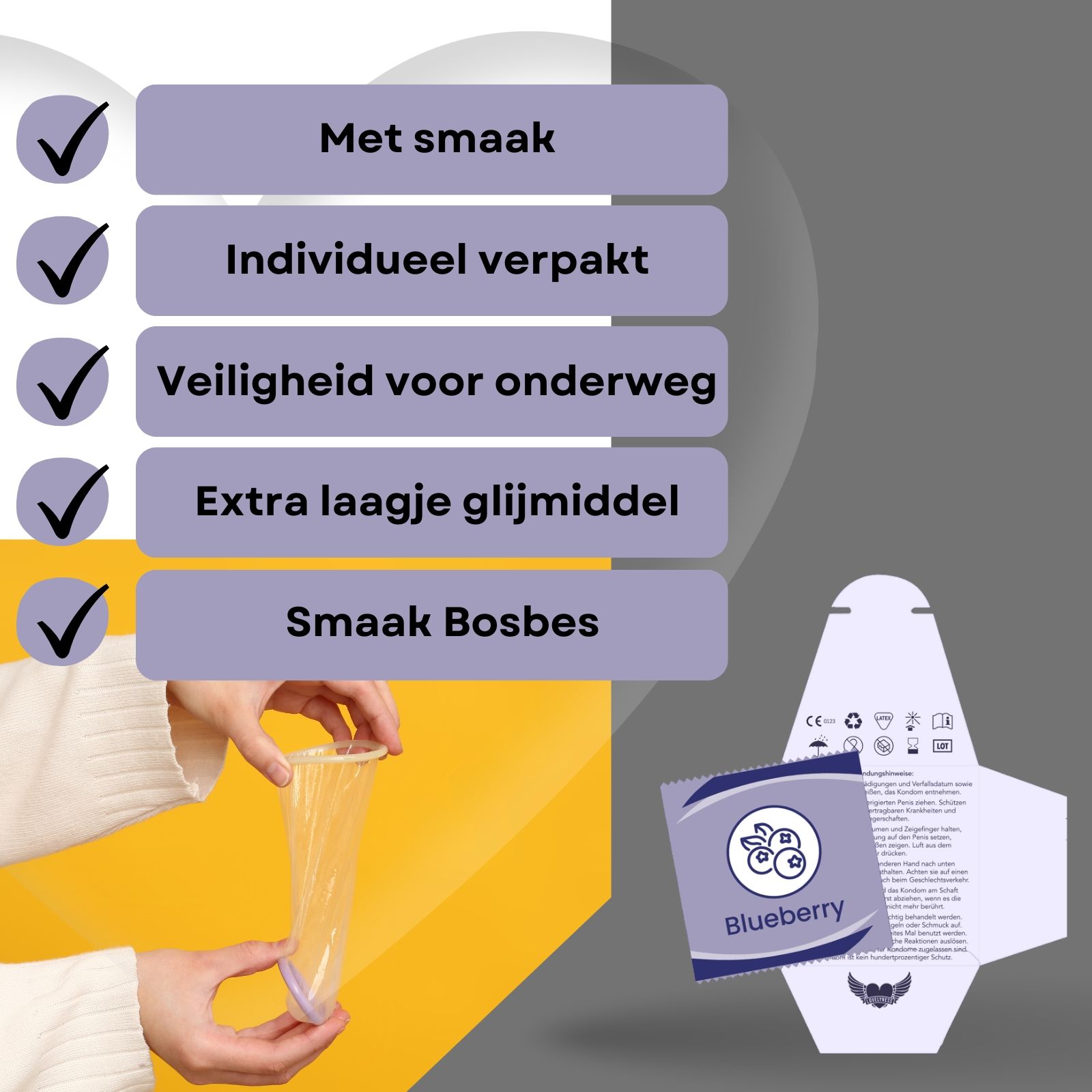 Condooms met bosbessmaak, lengte 190 mm, nominale breedte 52 mm. Individueel verpakt.