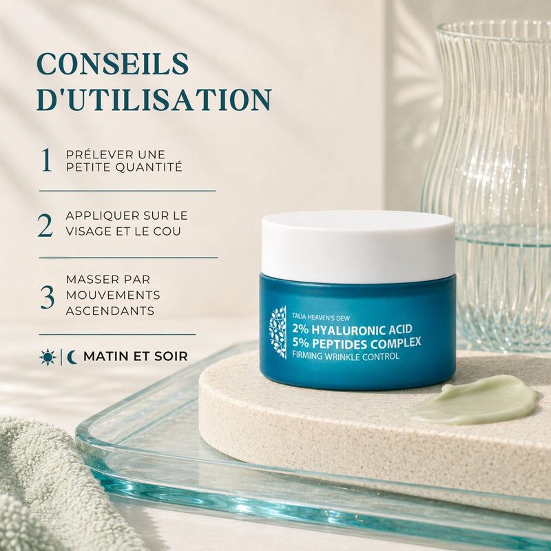 Un pot de crème ouvert à l'acide hyaluronique et complexe peptidique, entouré d'une texture crémeuse.