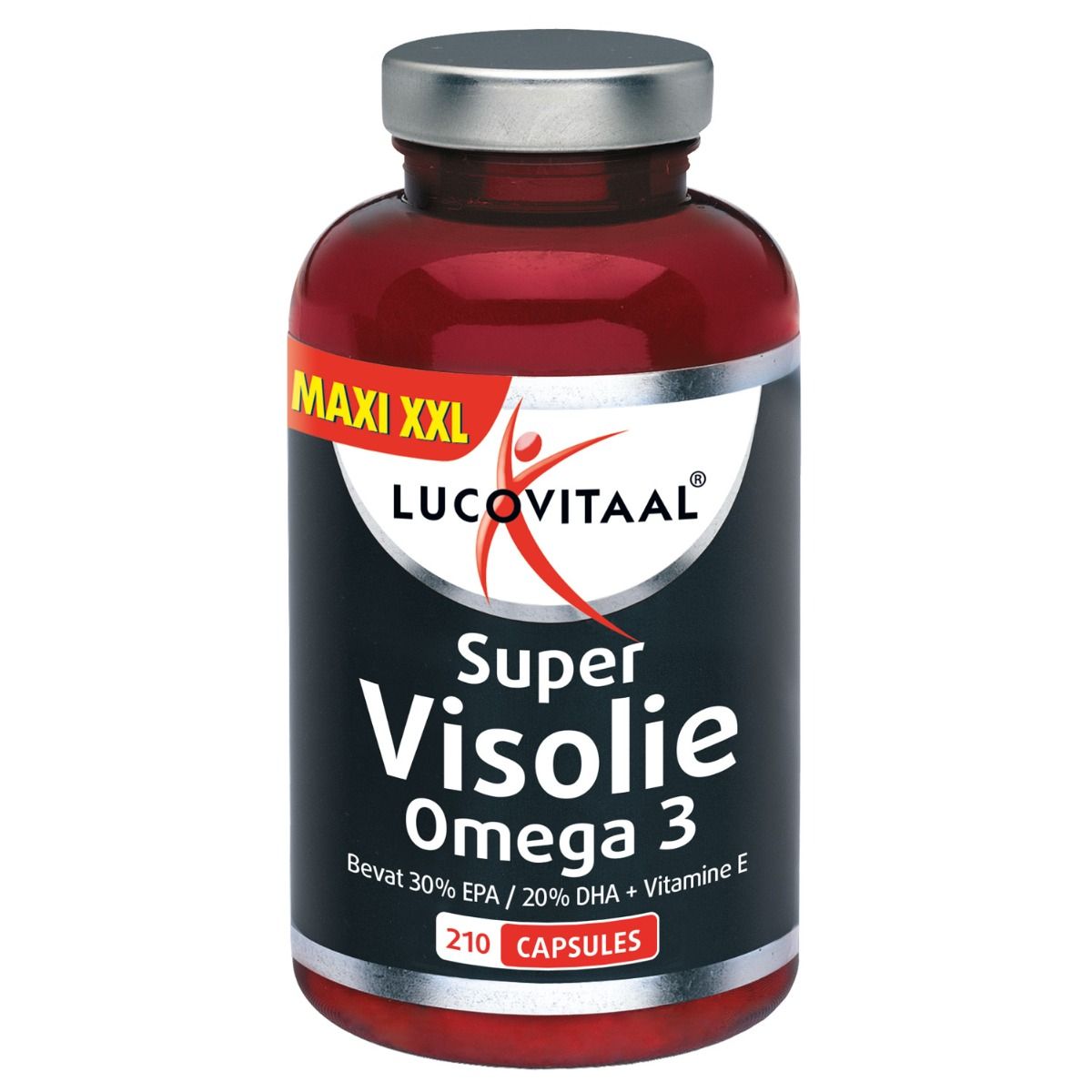 Rode fles met zwart etiket. Opschrift: Lucovitaal Super Visolie Omega 3. Bevat 210 capsules.