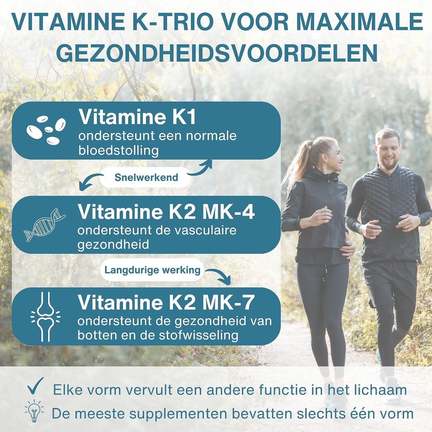 Infographic over vitamine K1, K2 MK-4 en K2 MK-7 voor maximale gezondheidsvoordelen. Toont iconen voor bloedstolling, vasculaire gezondheid en botstofwisseling.