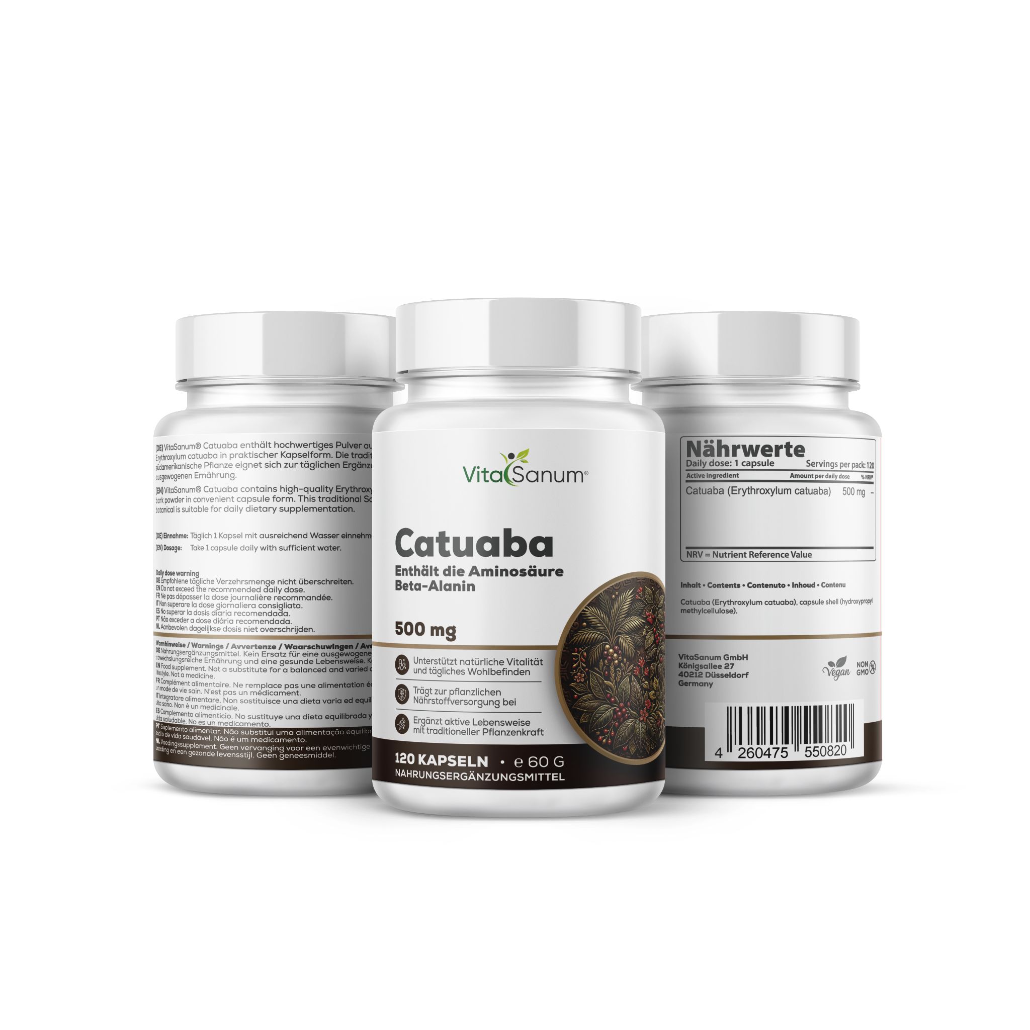 Trois flacons de gélules VitaSanum Catuaba, 500 mg. Un devant, deux derrière, avec des informations détaillées sur le produit sur les étiquettes.