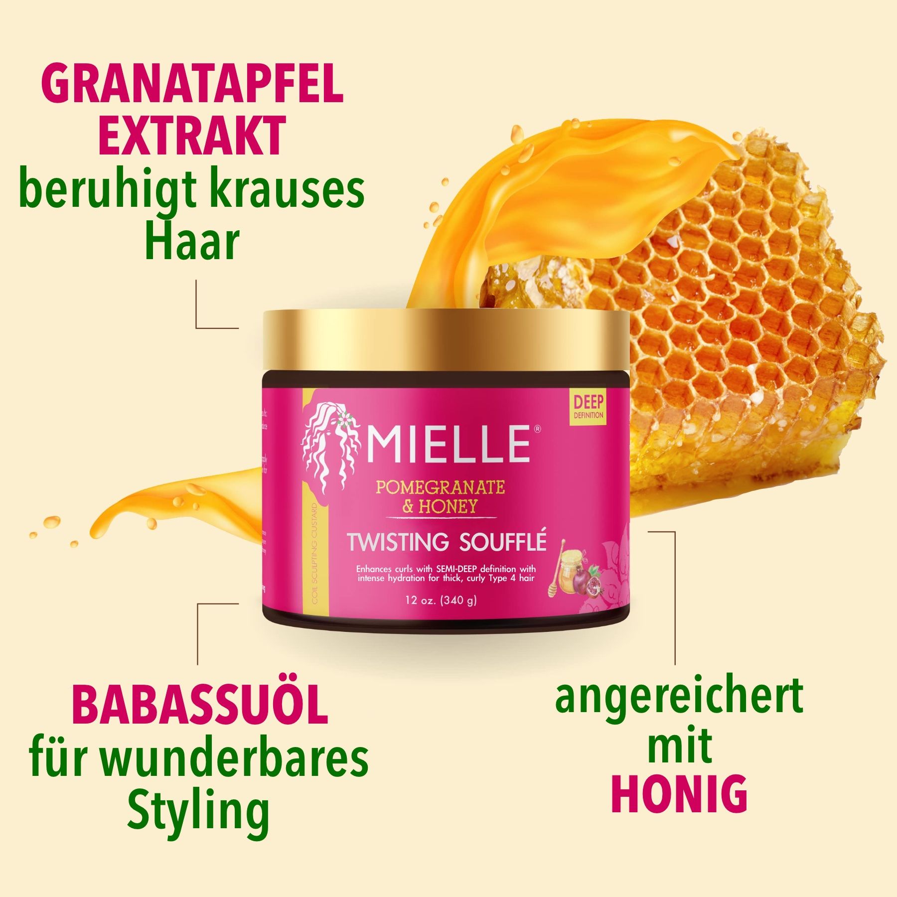 Pot rose avec couvercle doré. Inscription : Mielle Pomegranate & Honey Twisting Soufflé. Nid d'abeille et extrait de grenade.