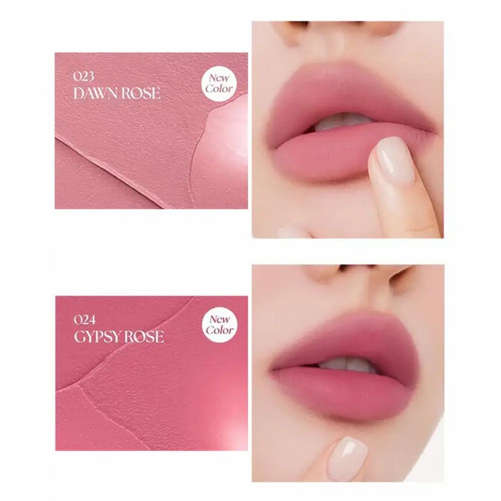 Twee afbeeldingen: lippen met lippenstift en kleurstalen. Kleuren: 023 Dawn Rose en 024 Gypsy Rose. Tekst: New Color.