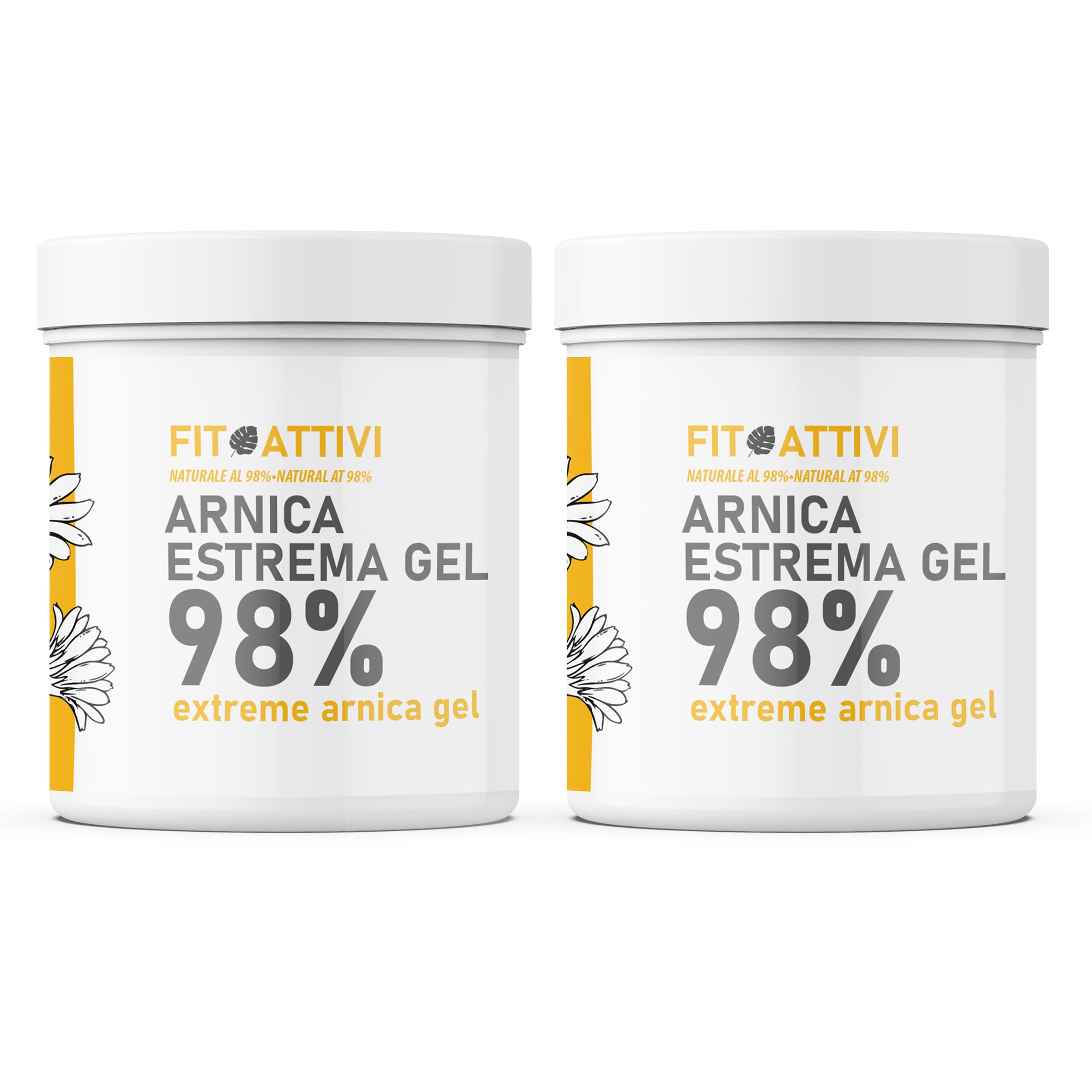 Twee witte potten met gele etiketten. Opschrift: Fitoattivi Arnica Estrema Gel 98%. Gele tekst op witte achtergrond.
