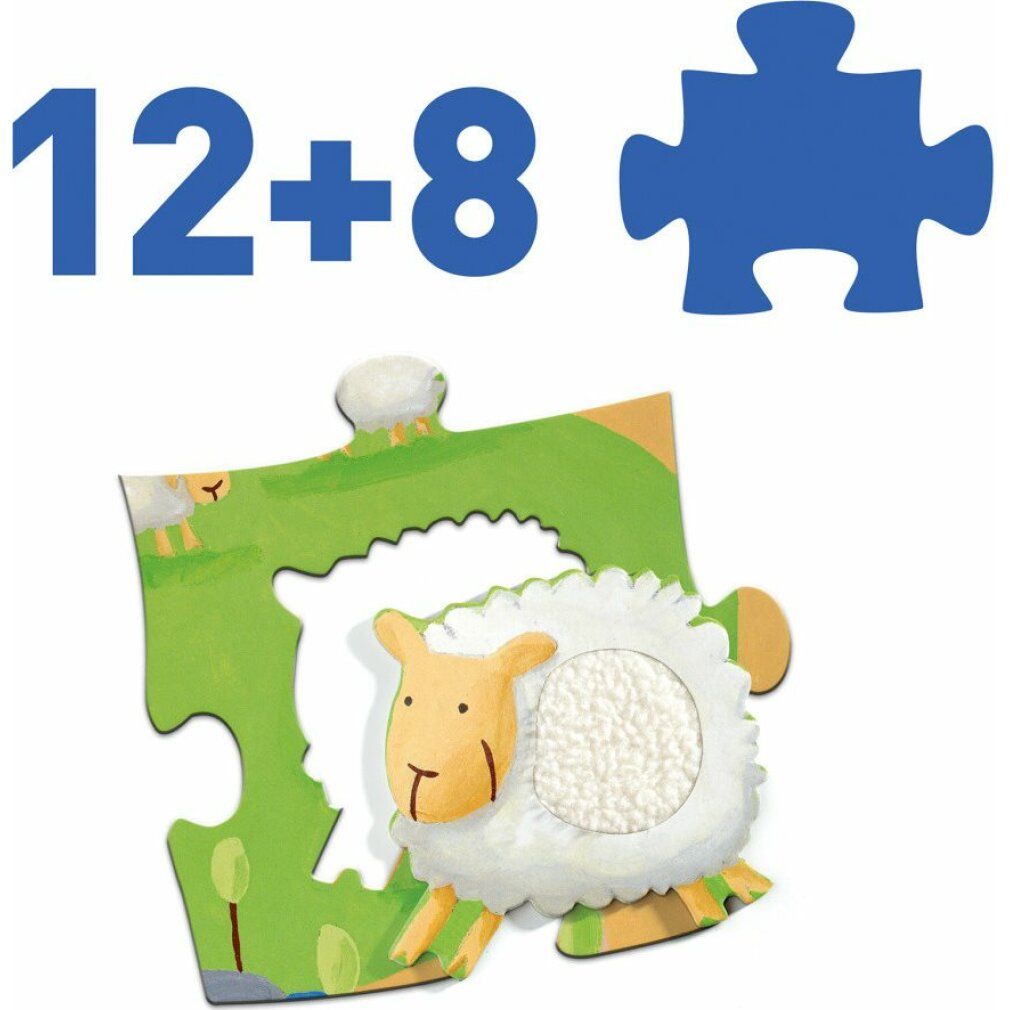 Pièce de puzzle avec un mouton sur une prairie verte. En haut, il est écrit '12+8'.