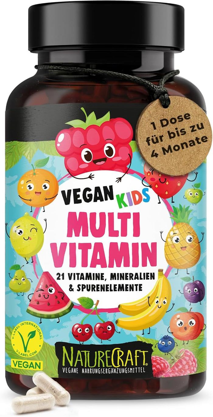 Bruine fles met capsules. Label met "Vegan Kids Multi Vitamin" en fruit. V-Label Vegan.