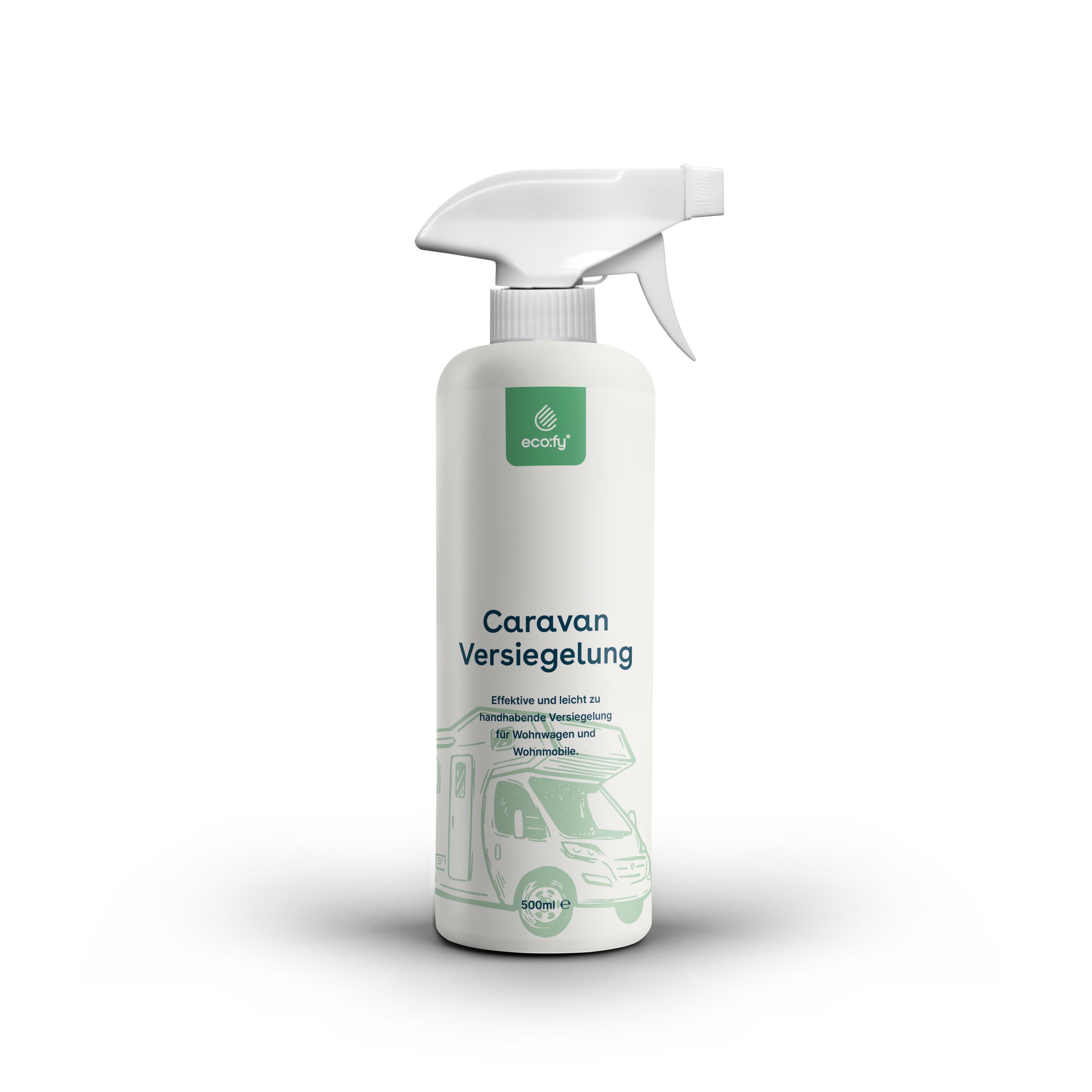 Flacon pulvérisateur blanc avec logo eco:fy® et nom du produit Caravan Versiegelung. Illustration d'un camping-car.