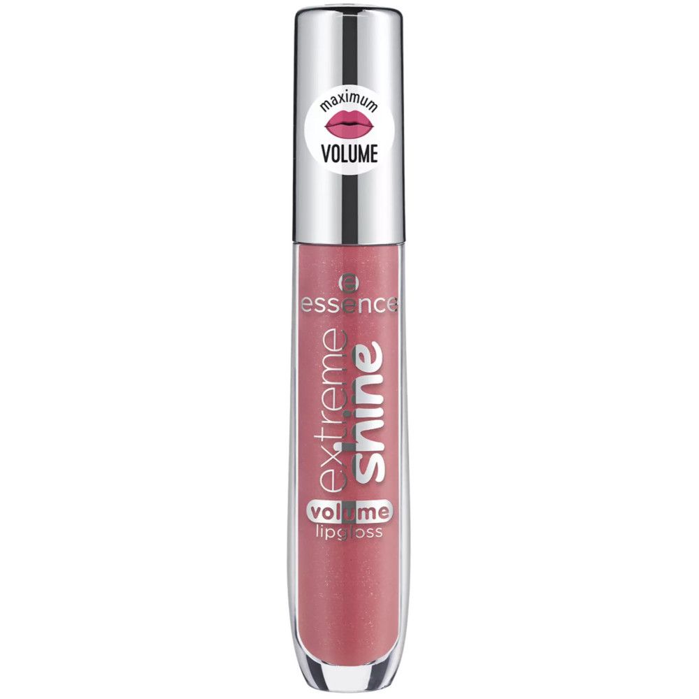 Lipgloss tube met zilveren dop. Opschrift: Extreme Shine, Volume Lipgloss. Op de dop: sticker met lippensymbool en Volume.