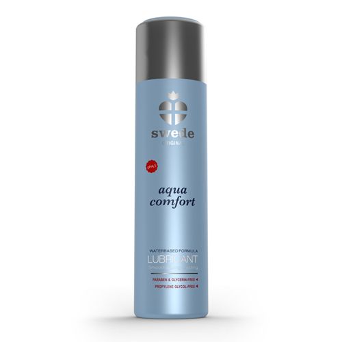 Flacon bleu clair avec bouchon argenté. Formule lubrifiante à base d'eau.