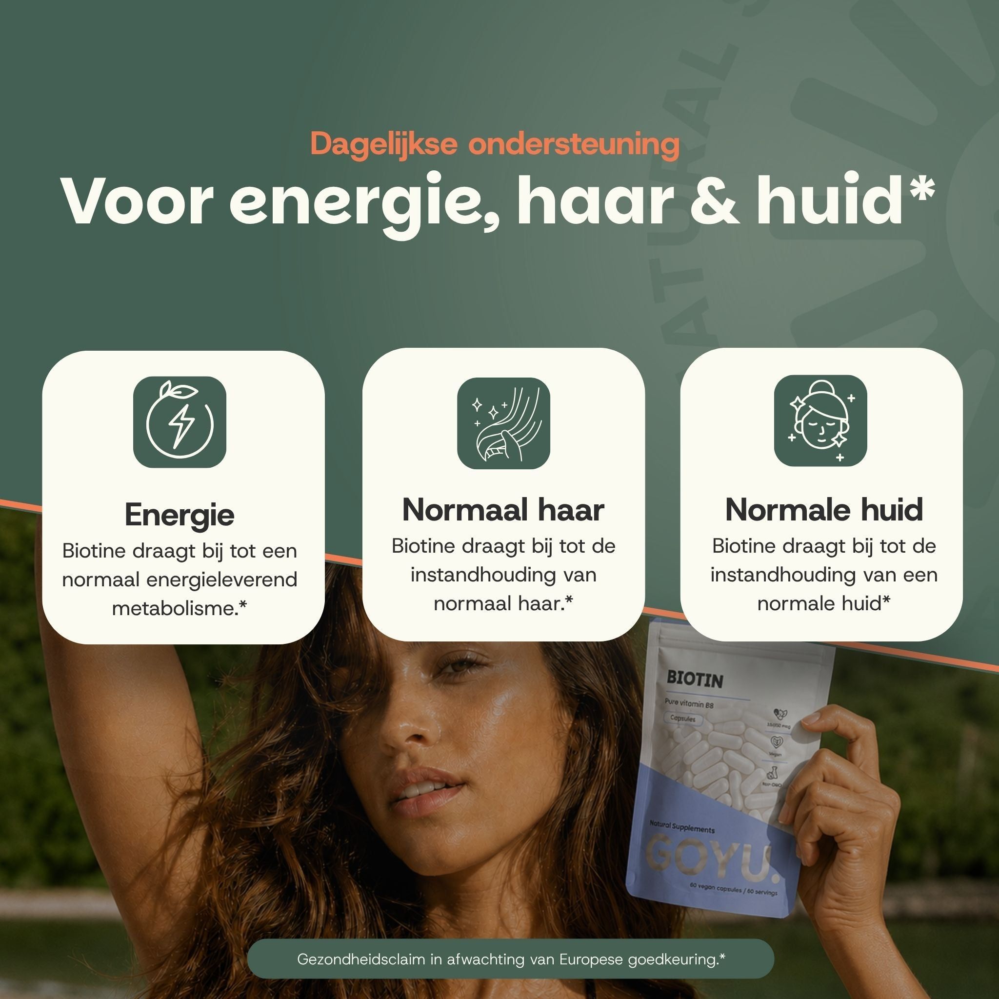 Overzicht ingrediënten biotine capsules: 10.000 mcg biotine, microkristallijne cellulose, HPMC-capsule. Met keurmerken.